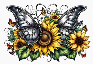 Winged cross with sunflower and butterflies tattoo idea
