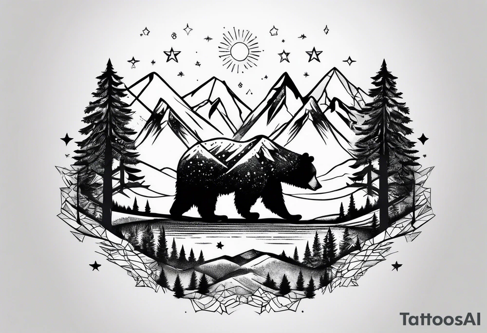 Mountains, travel, adventure, trees, bear, stars tattoo idea Mountains, travel, adventure, trees, bear, stars tattoo idea