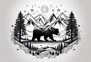 Mountains, travel, adventure, trees, bear, stars tattoo idea