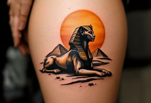 A bronze Sphinx silhouette under a burnt orange desert sun. tattoo idea