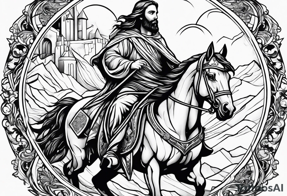 Jesus riding horse with king of kings tattoo on leg tattoo idea