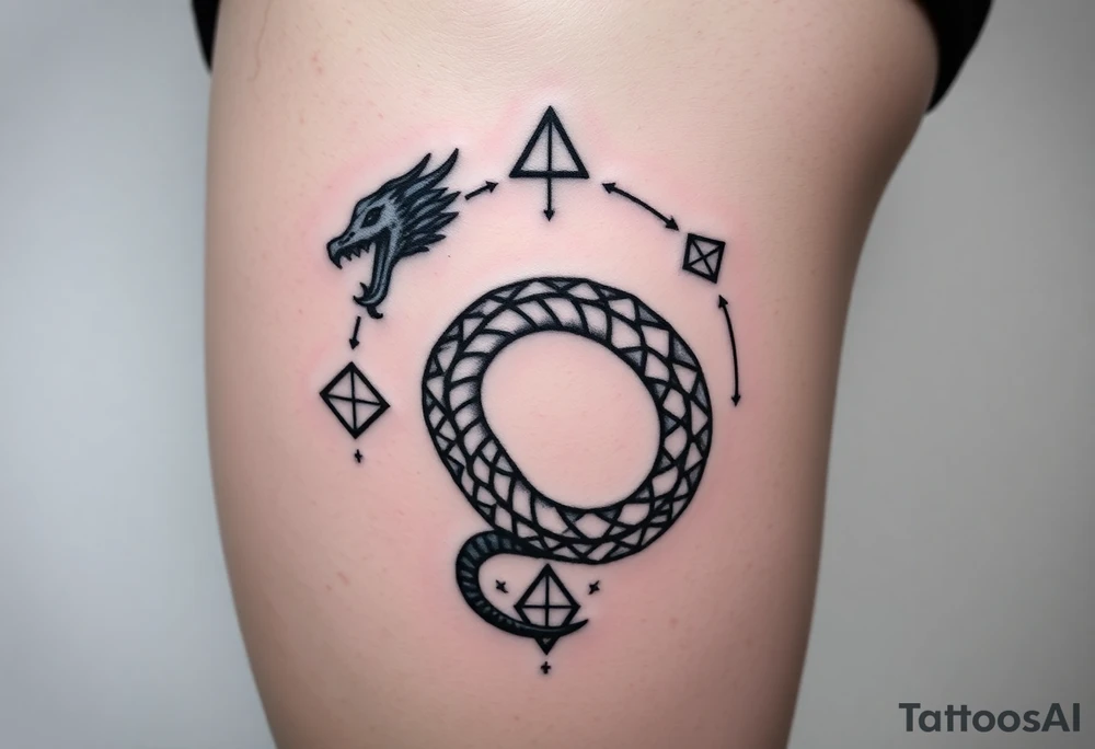 Ouroboros or dragon/serpent/snake eating its own tail in a figure 8 in negative space with geometric patterns LARGE tattoo idea