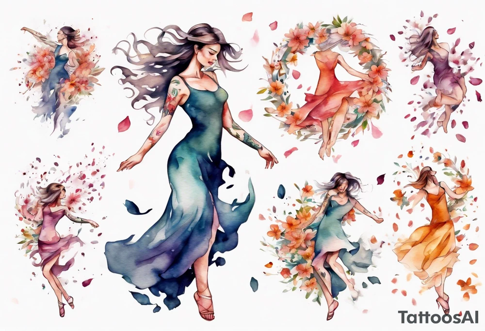 One Very feminine woman dancing in a wind of flower petals tattoo idea
