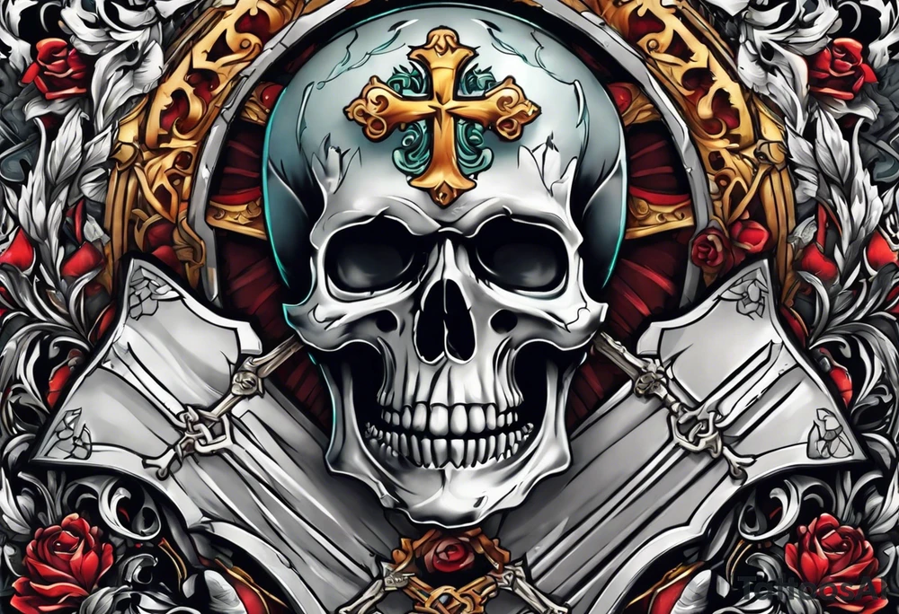 skeleton holding a shield with a cross on it tattoo idea