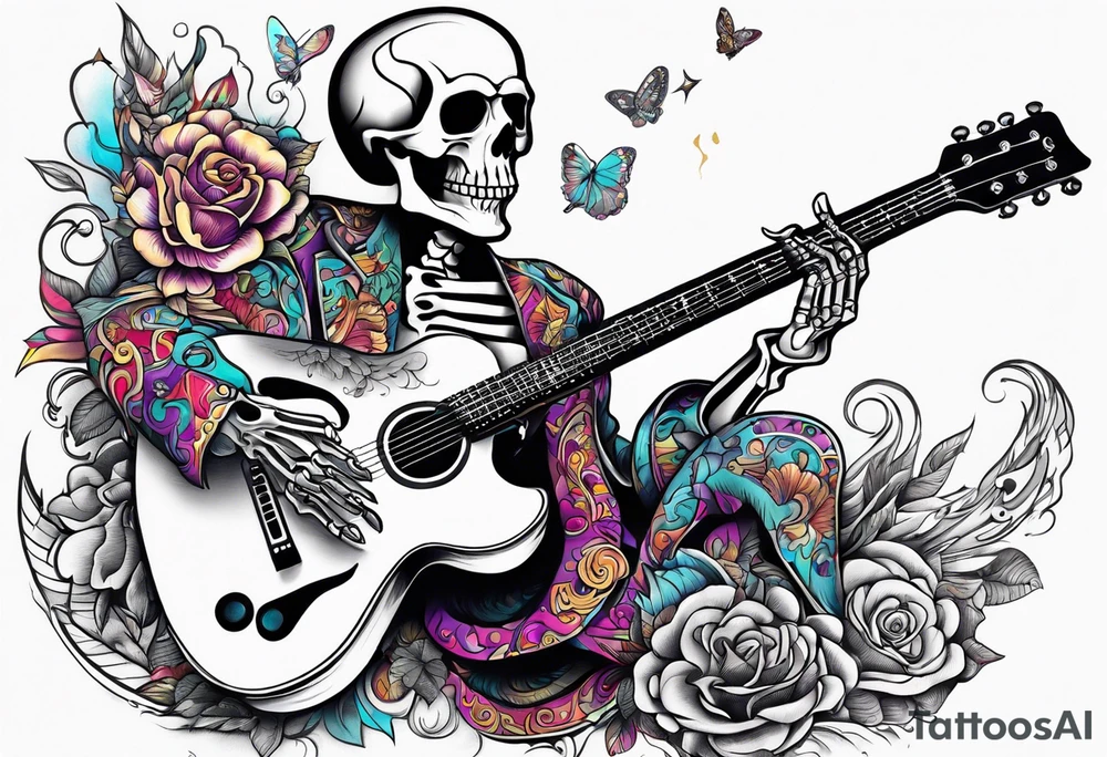Skeleton playing guitar tattoo idea