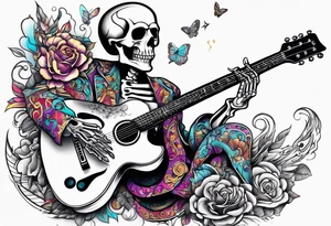 Skeleton playing guitar tattoo idea