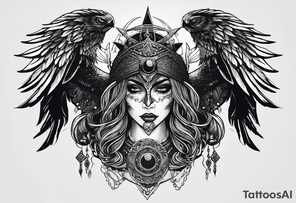 black kali, goddess pirate, alien, pachamama, valkrye, warrior, skull, lotus azul, wing, eagle, zenza resonance, stars, one side chest tattoo idea