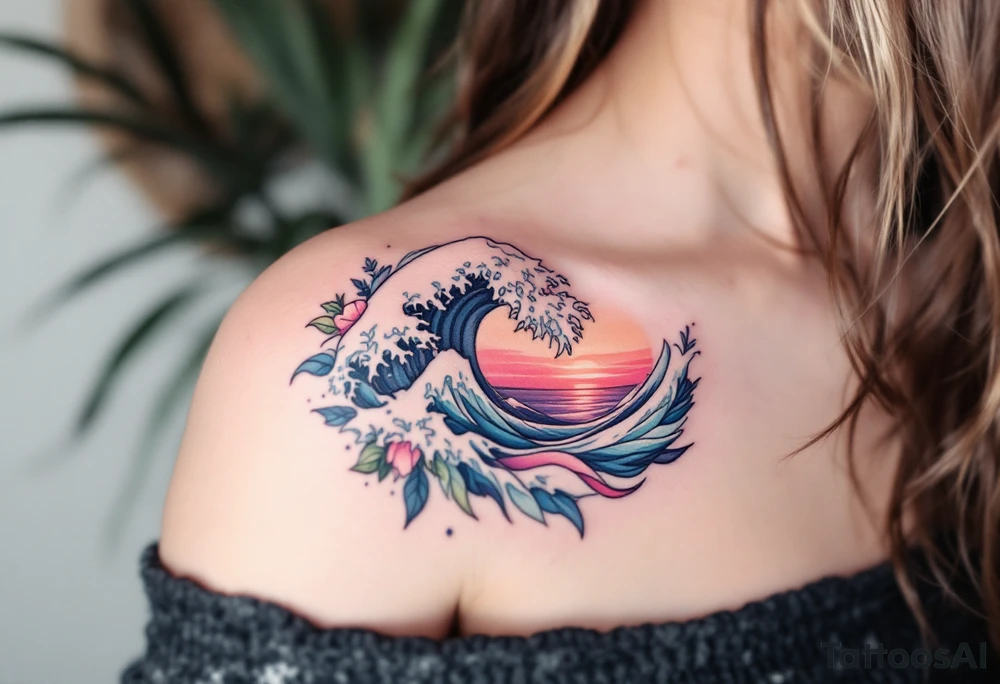 A pastel pink and purple wave dances around the shoulder, evoking a dreamy sunset surf. tattoo idea
