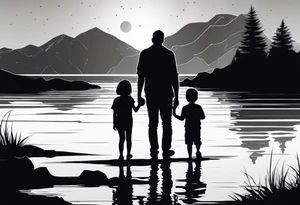 Silhouette of father standing in between daughter and younger son in front of water with reflection tattoo idea