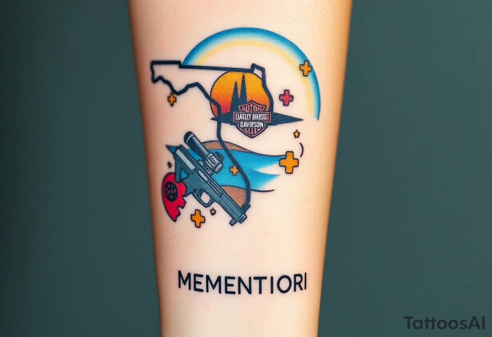 colorful futuristic memory tattoo for passed boyfriend; Florida, gulf coast water, Harley Davidson, skateboarding, puzzle pieces, video games, heaven, god, outdoors, guns, disc golf, words "MEMENTO MORI" tattoo idea