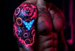 A biomechanical arm tattoo where gears spin under translucent synthetic skin lit with neon pink and cobalt blue veins. tattoo idea