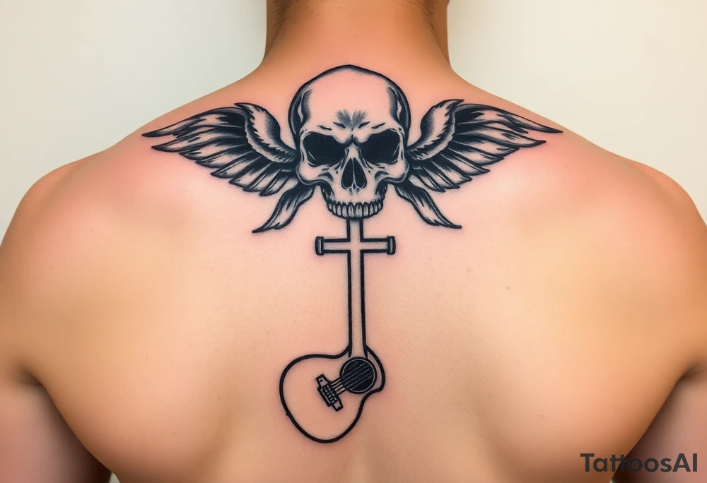 I would like to get a tattoo of a skull and a cross and in a guitar for your upper arm that would be covered with a sleeve and I want it just black and gray tattoo idea