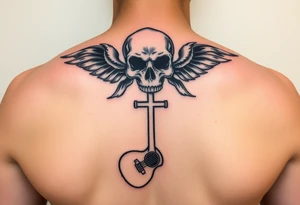 I would like to get a tattoo of a skull and a cross and in a guitar for your upper arm that would be covered with a sleeve and I want it just black and gray tattoo idea