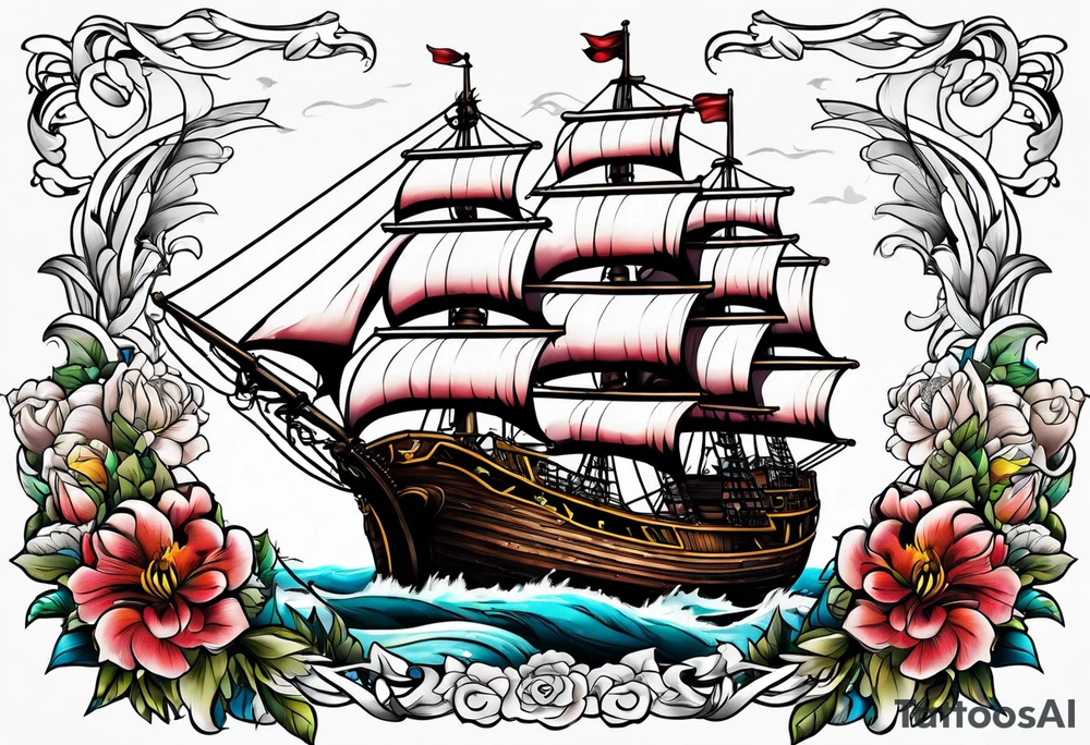 Ship pirate, flower, animal tattoo idea