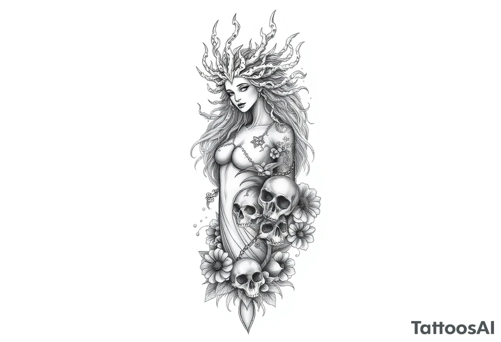 Ethereal Medusa standing. She is beautiful and feminine. She is a phoenix rising from fire and ash. Surrounded by flowers and skulls. Incorporate the phoenix into Medusa tattoo idea