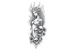 Ethereal Medusa standing. She is beautiful and feminine. She is a phoenix rising from fire and ash. Surrounded by flowers and skulls. Incorporate the phoenix into Medusa tattoo idea