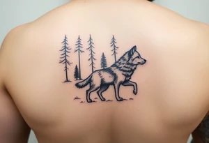 two wolves, an adult and a cub, facing the right running into a forest. A small tattoo on the front of the forearm tattoo idea