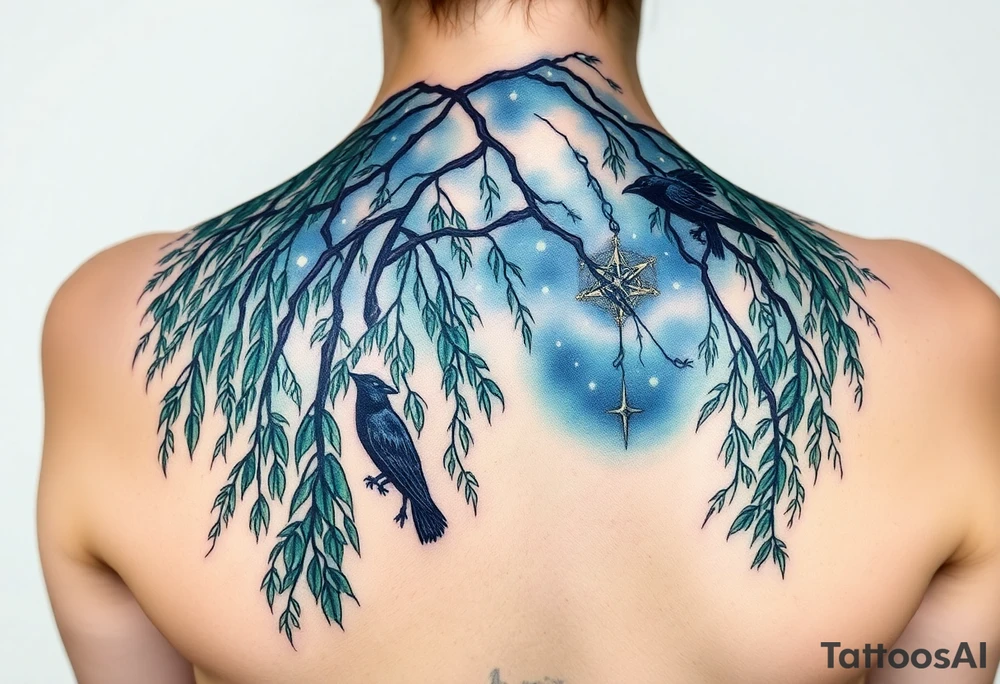 Weeping willow with starry sky background with zodiac constellations in it with runes and ravens tattoo idea
