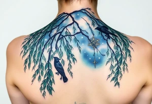 Weeping willow with starry sky background with zodiac constellations in it with runes and ravens tattoo idea