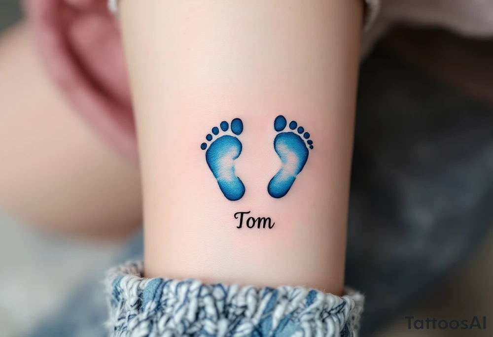 A pair of tiny blue footprints with the son's name Tom in elegant black script beneath. tattoo idea