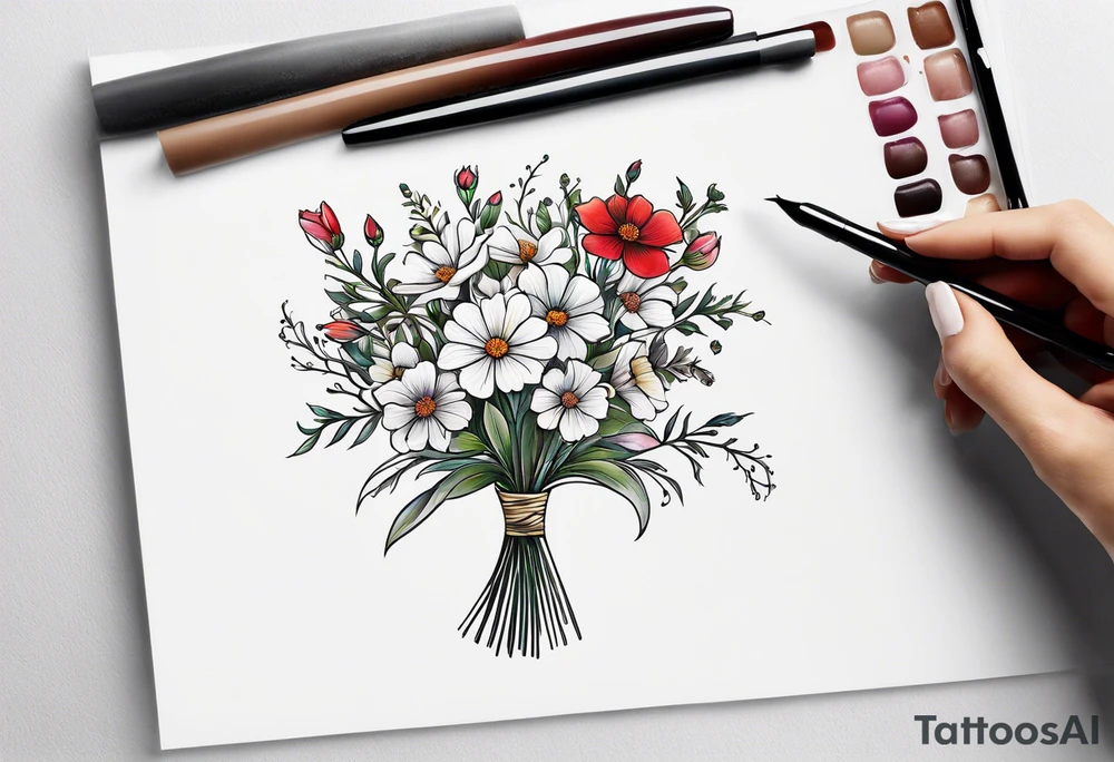 simple long stem wildflower bouquet across foot tattoo idea