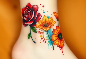 a colorful, vibrant, watercolor tattoo with one red rose, one orange lily, one gold marigold, and one orange cosmos flower and with splashes of color tattoo idea