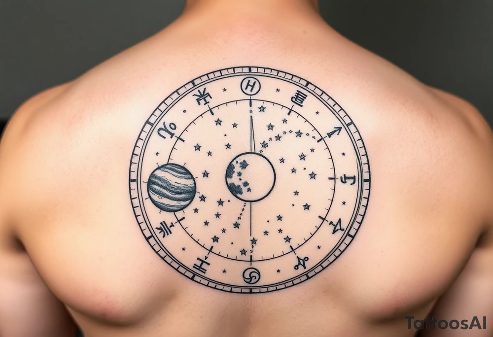 Zodiac constellation map with Jupiter mars and the moon with lots of stars tattoo idea