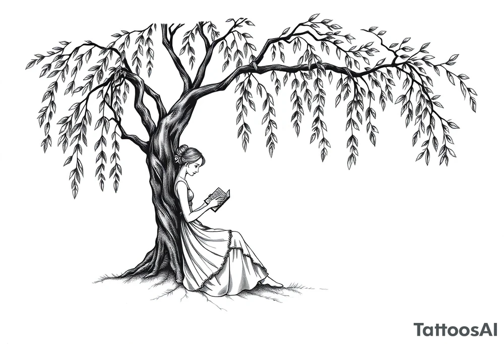 Magical woodland scene with a pretty girl reading a book leaning against a very pretty willow tree tattoo idea