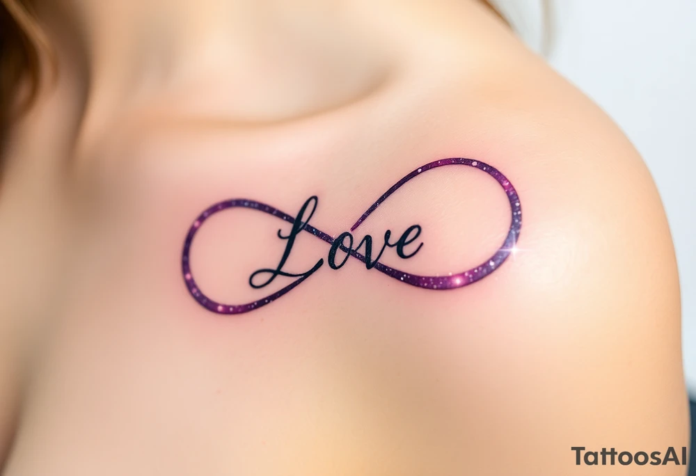 A galaxy-inspired infinity symbol in shades of purple, blue, and pink, with "Love" appearing in a shimmering, ethereal script. tattoo idea