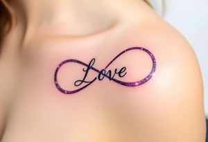 A galaxy-inspired infinity symbol in shades of purple, blue, and pink, with "Love" appearing in a shimmering, ethereal script. tattoo idea