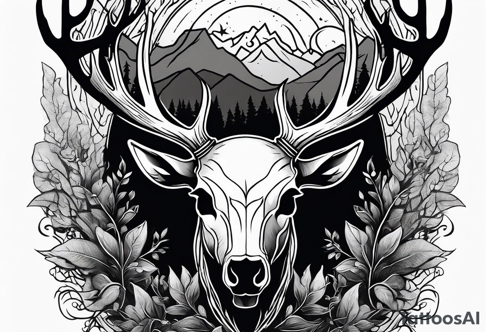 A frightening horror dead deer skull side profile surrounded by a forest fire in background tattoo idea