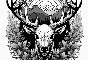 A frightening horror dead deer skull side profile surrounded by a forest fire in background tattoo idea