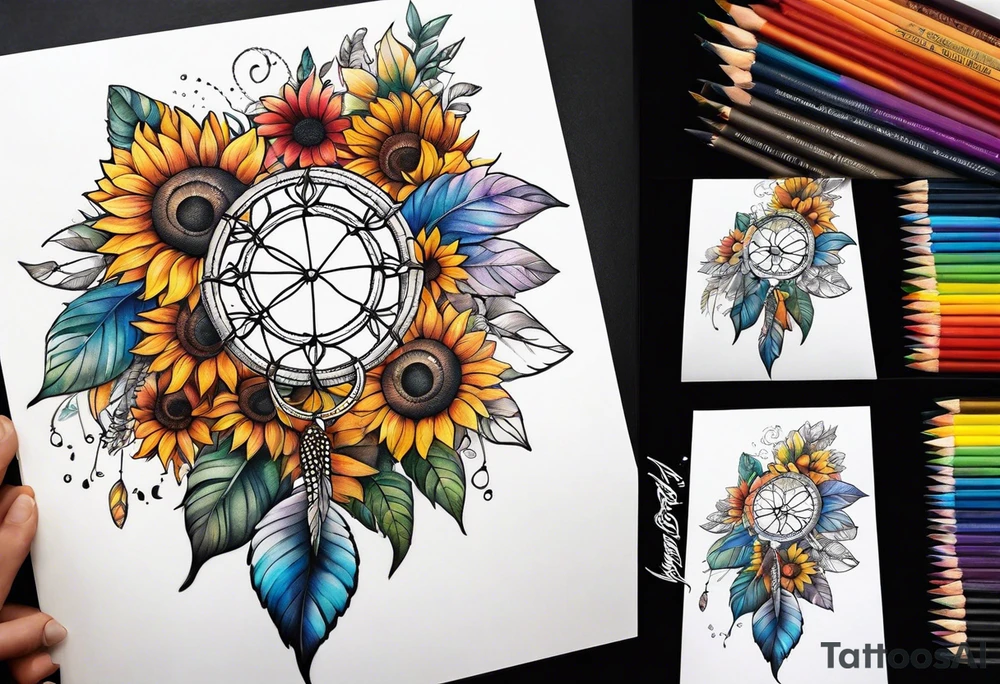 Quarter Leg sleeve with dreamcatcher, rainbow sunflowers and one butterfly tattoo idea