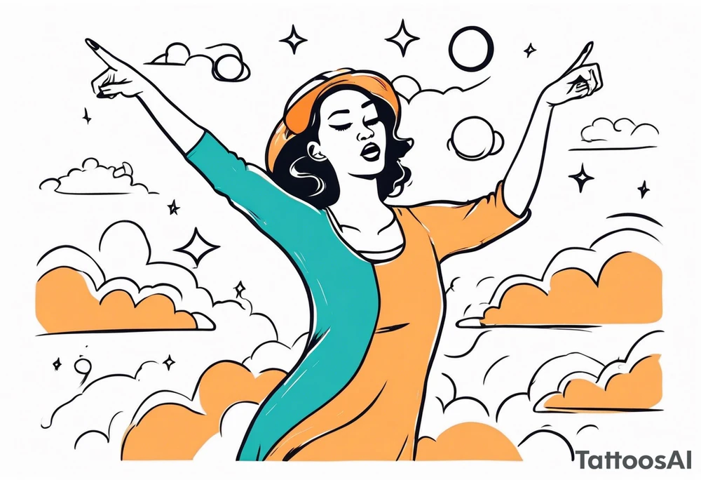 Silly. odd woman ugly dancing pointing her fingers up in the sky. tattoo idea