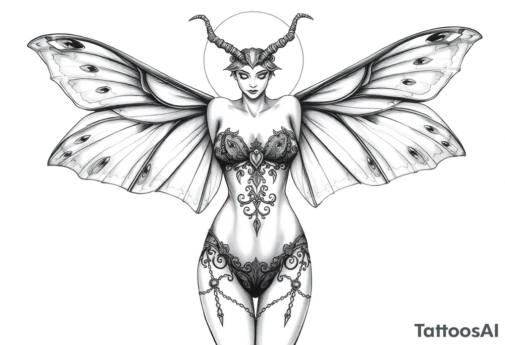 ethereal lunar moth resemblance powerfully sexy depiction of the goddess estate nude full frontal with exotic erotic lingerie orgasmic stare tattoo idea