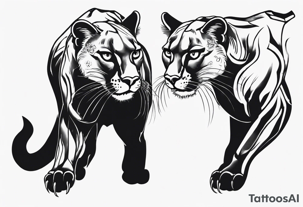 Two black pumas walking past each other and looking at each other, seen from above tattoo idea