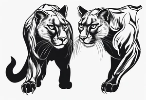 Two black pumas walking past each other and looking at each other, seen from above tattoo idea