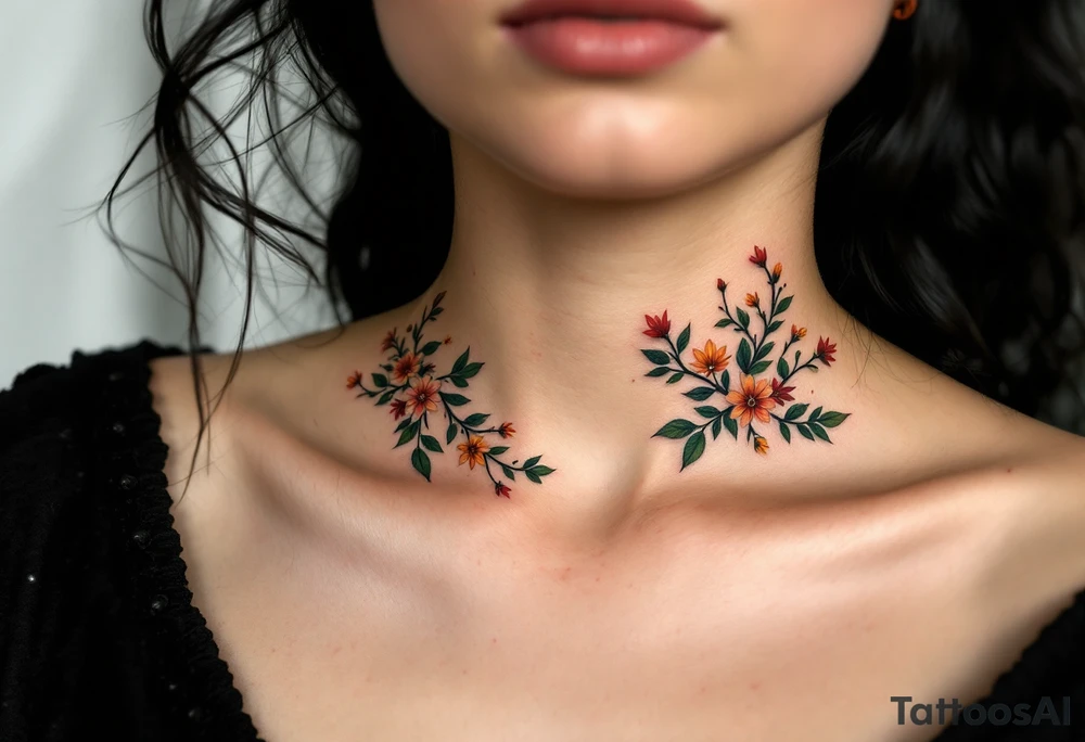 Two separate collarbone tattoos of long, stems and branches covered with red, orange, yellow and dark forest green leaves and flowers, academia, witchy, muted, delicate and gentle but moody, long and thin, following the collarbone. More muted, not so bright, darker colors. Fewer amount of leaves, larger leaves. Less flowers and leaves. tattoo idea