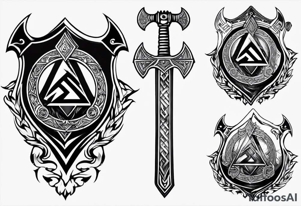 Valhalla shield valknut sword axe flame tattoo idea Valhalla shield valknut sword axe flame tattoo idea