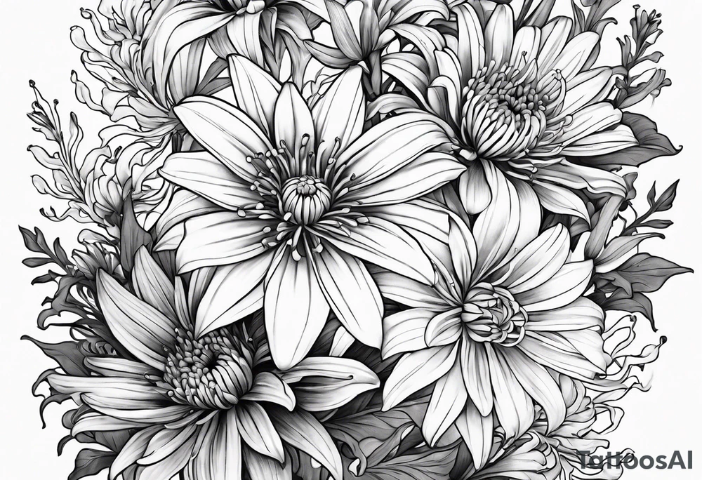 Asters, lillies, and chrysanthemums in a long line tattoo idea