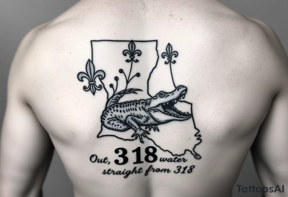 Louisiana state outline with fleur-de-lis, a bayou with a gator , the 318 area code and and quote that says  Out the dirt, out the water, straight from 318 tattoo idea