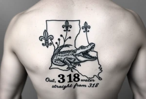 Louisiana state outline with fleur-de-lis, a bayou with a gator , the 318 area code and and quote that says  Out the dirt, out the water, straight from 318 tattoo idea