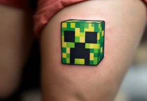 Small green Minecraft creeper head block smaller more vibrant colors tattoo idea