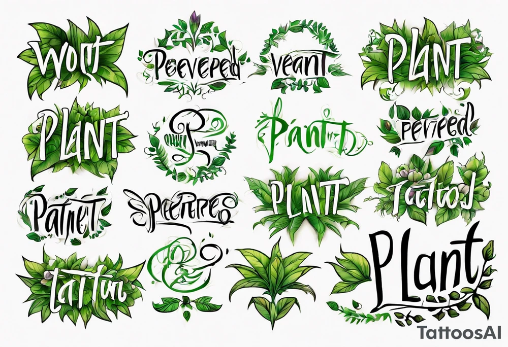 Words “Plant Powered” spelled out with plants and vines through out the words tattoo idea
