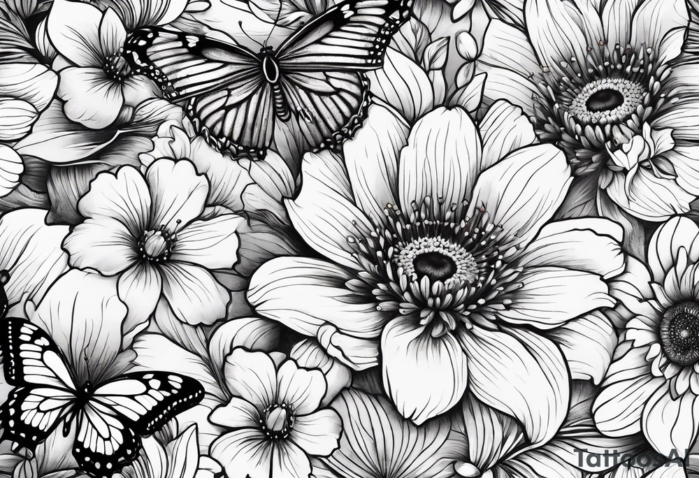 Flowers with Ruby and butterflies around it tattoo idea