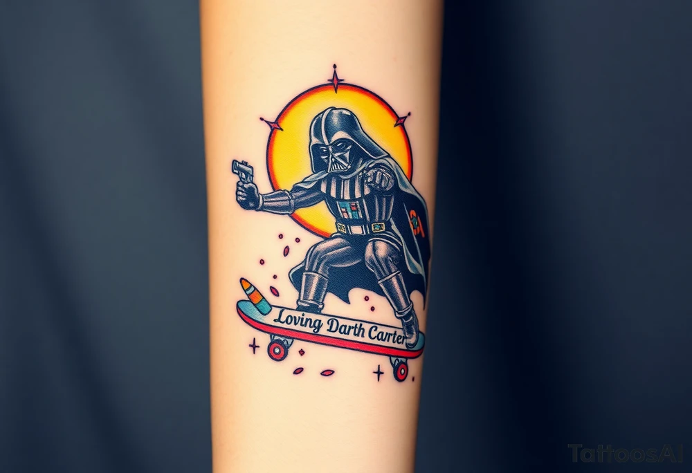 Darth Vader skateboarding holding gun > bullets > memorial > god > colors > futuristic 
add name "Darth Carter" on skateboard
add date in loving memory 12/29/88-01/06/24 tattoo idea