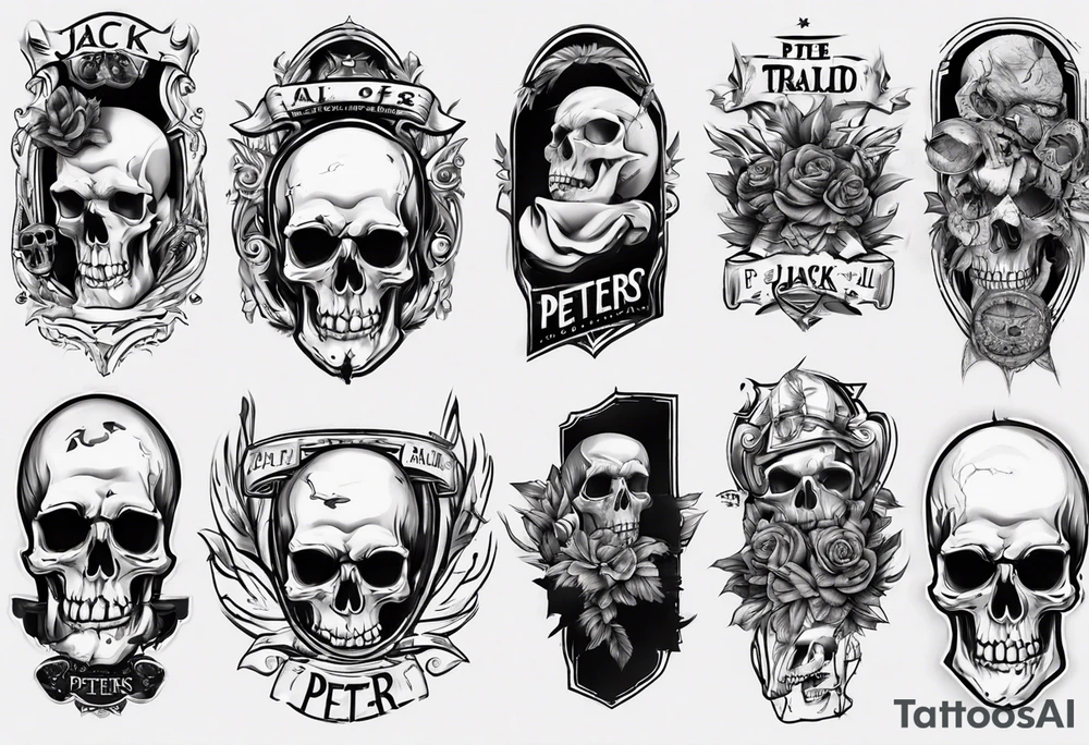 men’s arm sleeve, the name Peters, jack of all trades, without skull tattoo idea
