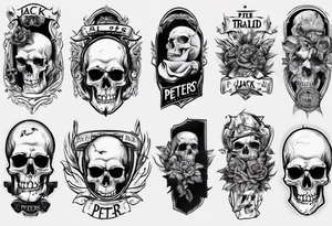 men’s arm sleeve, the name Peters, jack of all trades, without skull tattoo idea