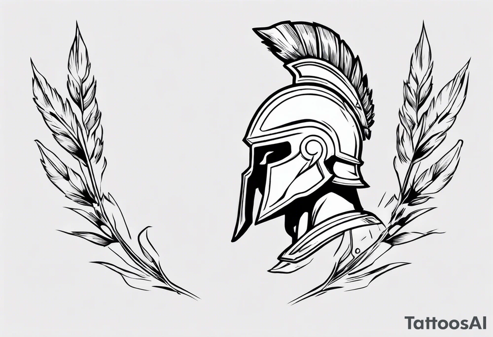 rectangular landscape format ultra-fine line linework vector of a spartan from the side, spartan spear, spartan shield, laurel wreath tattoo idea