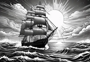 huge ship hitting in the sea with sun on the sky
without many details tattoo idea